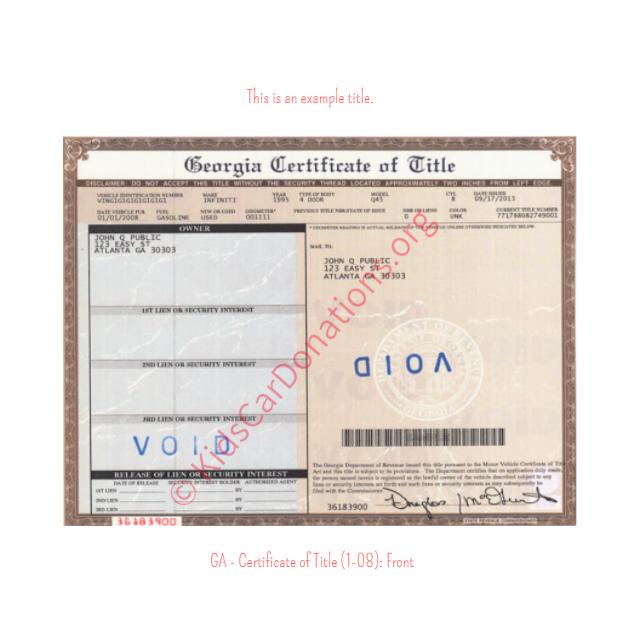 This is an Example of Georgia Certificate of Title (1-08) Front View | Kids Car Donations